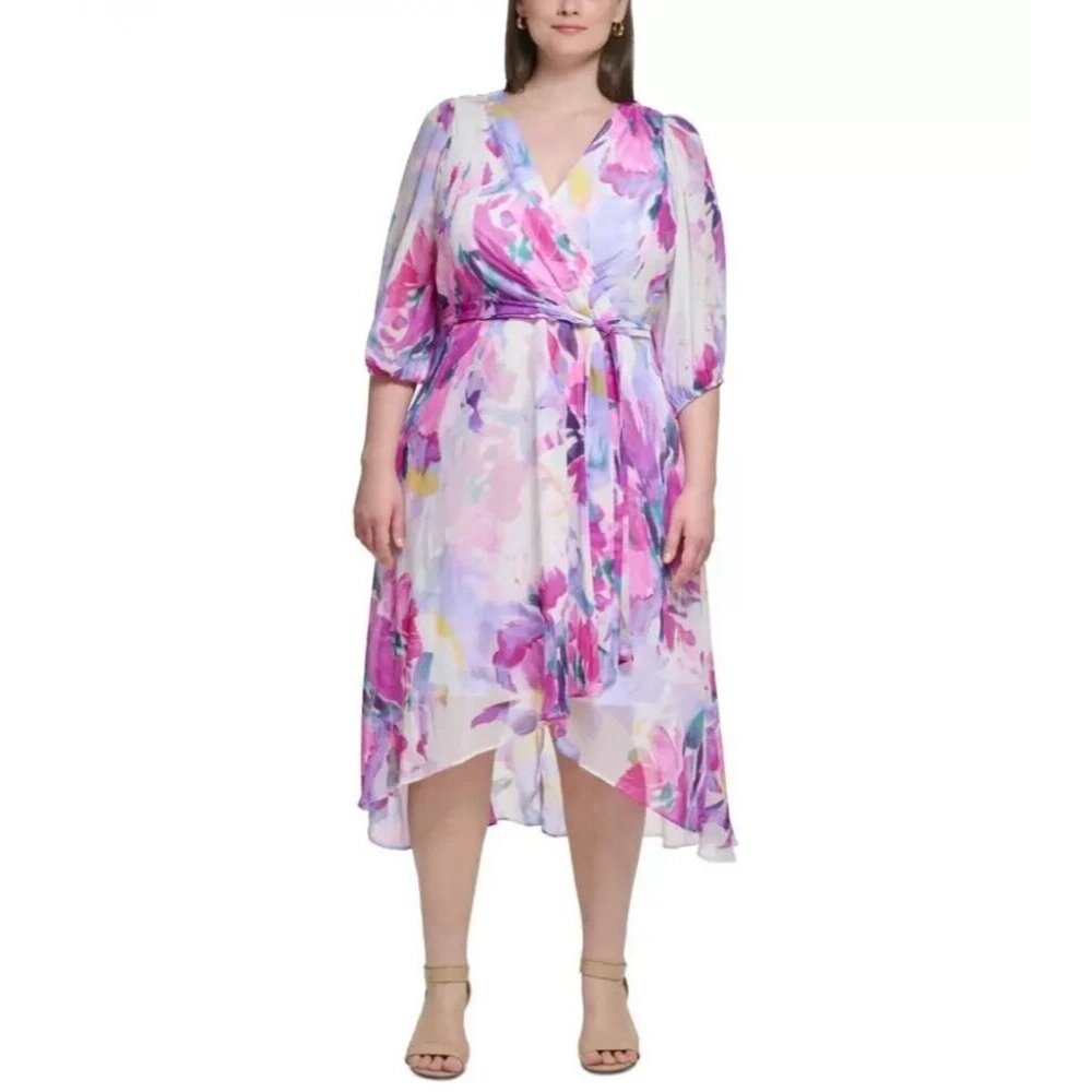 DKNY Size 20W Womens Dress Knee Length 3/4 Sleeve V-Neck Fit & Flare NWT